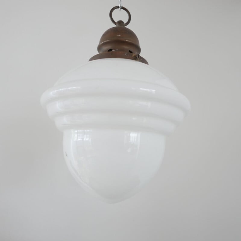 Vintage Single Brass and Ribbed Opaline Glass Pendant Light to mid 20th century
