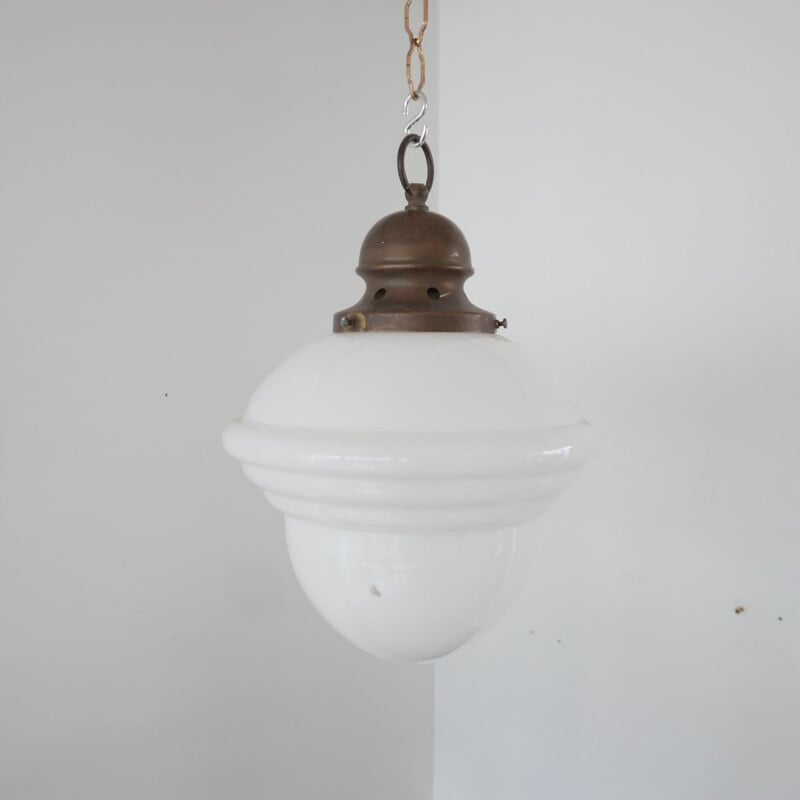 Vintage Single Brass and Ribbed Opaline Glass Pendant Light to mid 20th century