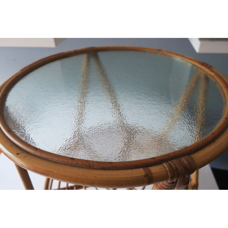 Vintage Bamboo and Frosted Glass Cocktail Table 1960s