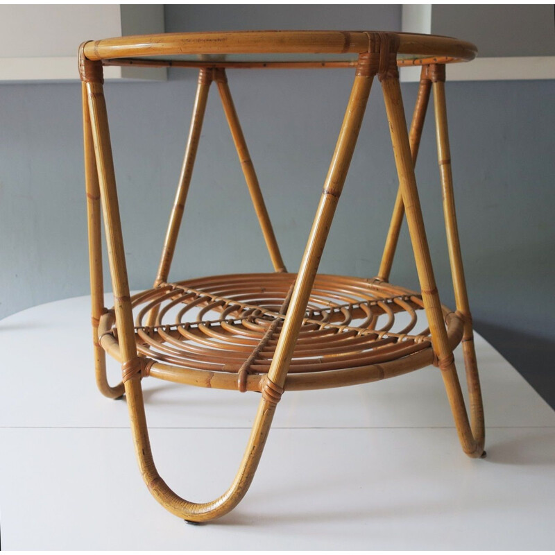 Vintage Bamboo and Frosted Glass Cocktail Table 1960s