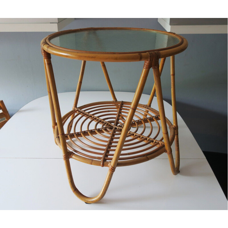 Vintage Bamboo and Frosted Glass Cocktail Table 1960s