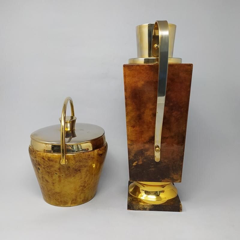 Vintage Bar Set by Aldo Tura for Macabo in Brown Goatskin and Brass Italy 1950s