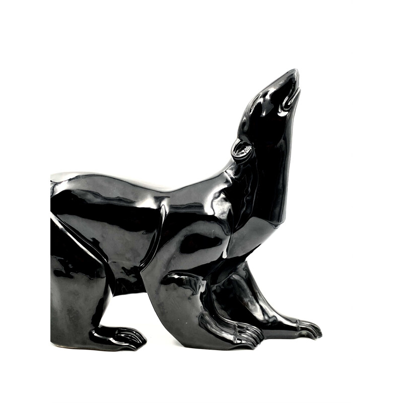 Vintage art deco black ceramic polar bear figure from Saint-Clément by Desbarbieux, France 1920