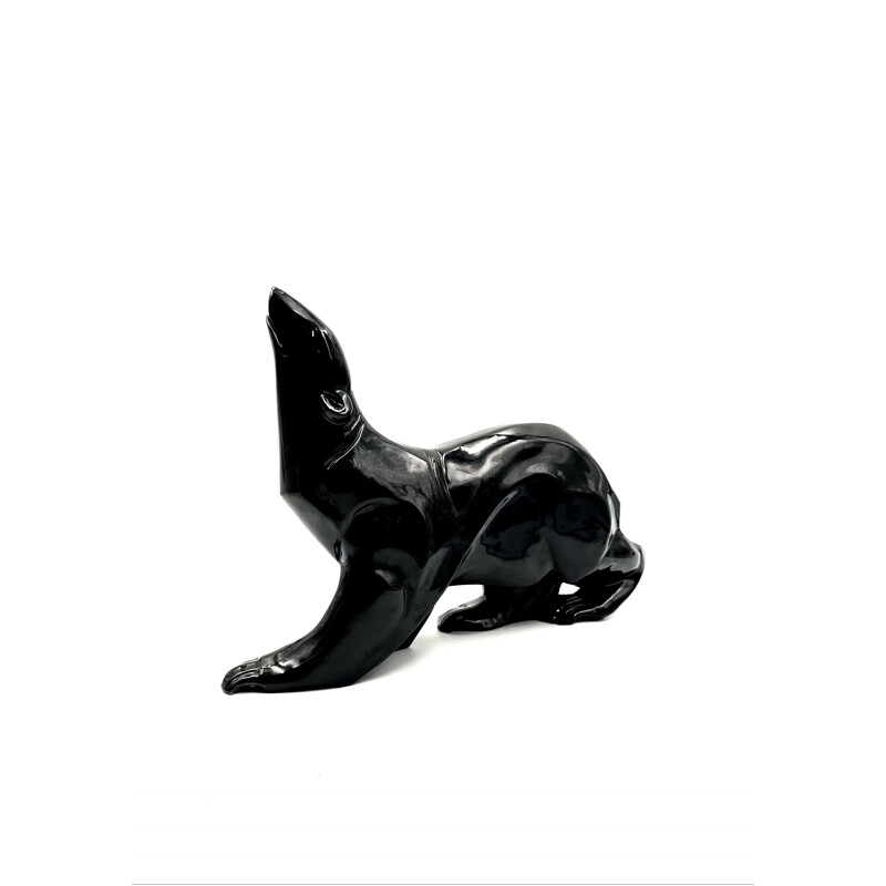 Vintage art deco black ceramic polar bear figure from Saint-Clément by Desbarbieux, France 1920