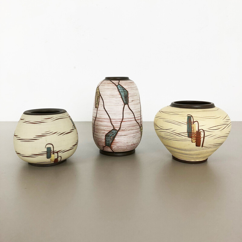 Conjunto de 3 vasos de cerâmica vintage de Franz Schwaderlapp para Sawa Ceramic, Alemanha 1960