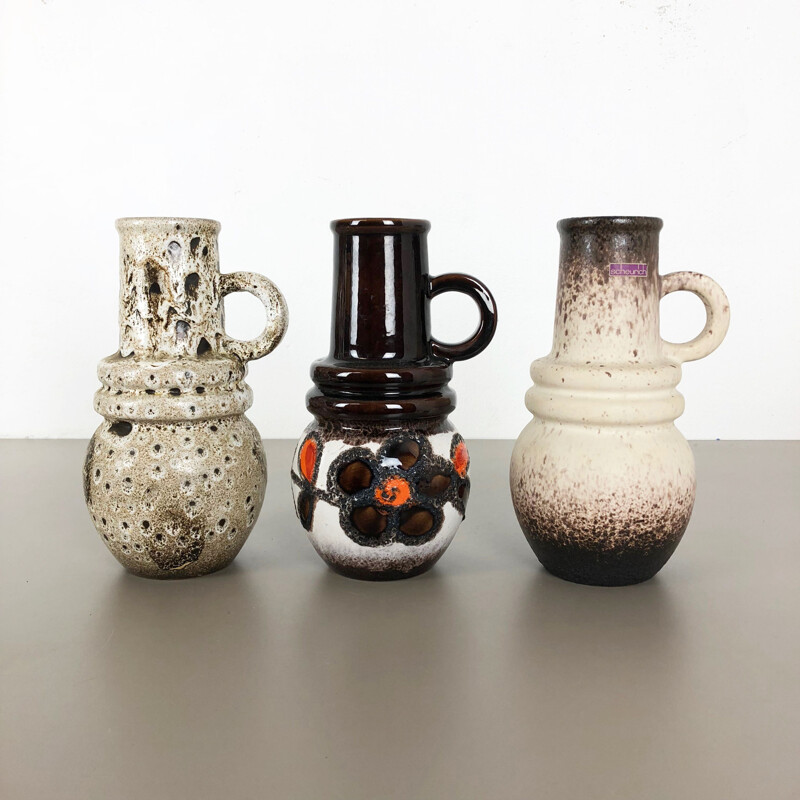 Ensemble de 3 vases vintage fat lava en céramique pour Scheurich, Allemagne 1970