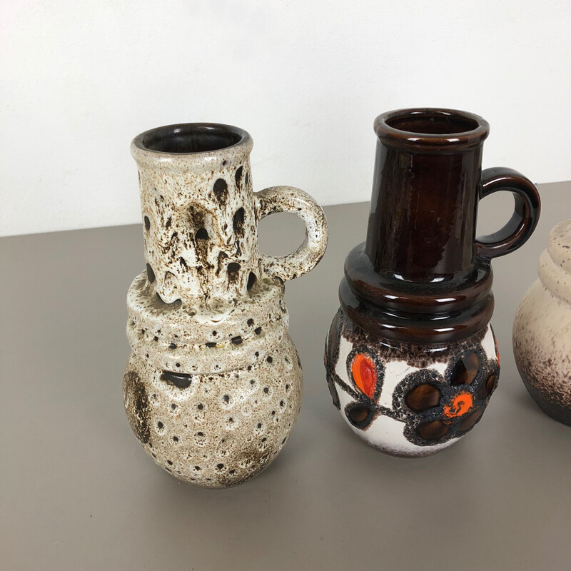 Juego de 3 jarrones vintage de cerámica de lava gorda para Scheurich, Alemania 1970