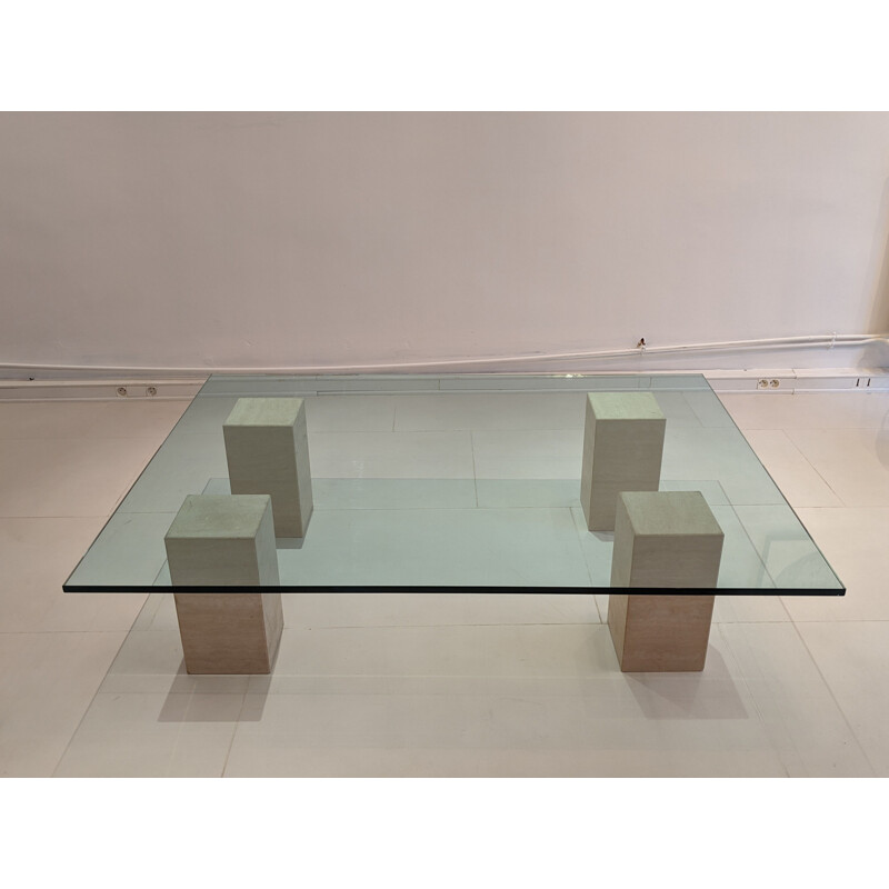 Vintage glass table with travertine legs 1970s