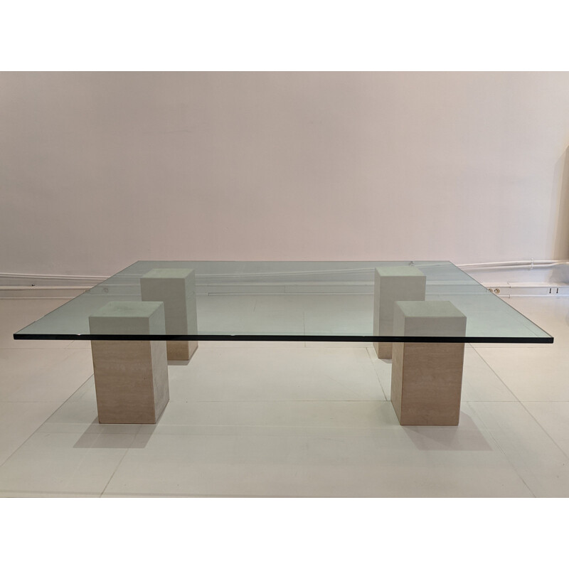 Vintage glass table with travertine legs 1970s