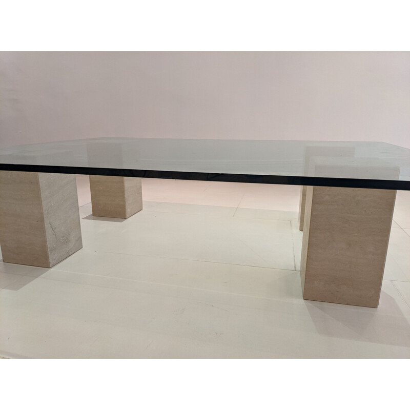 Vintage glass table with travertine legs 1970s