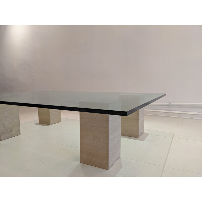 Vintage glass table with travertine legs 1970s