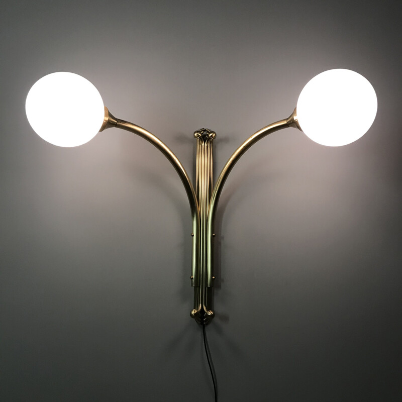 Vintage Art Deco brass and glass globes wall light