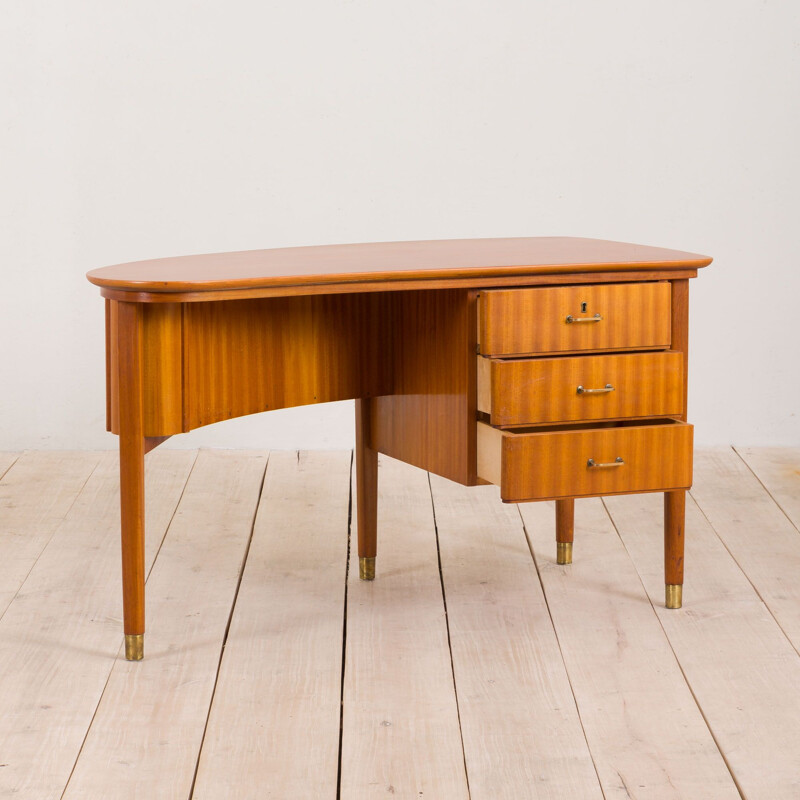 Vintage light mahogany desk with brass handles and feet Italian