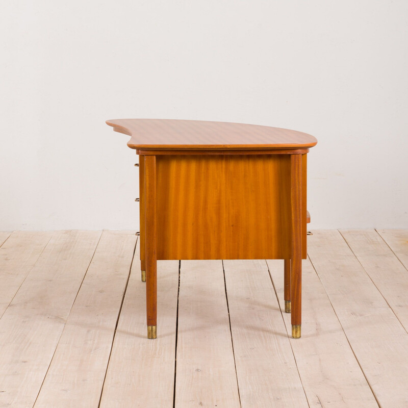 Vintage light mahogany desk with brass handles and feet Italian