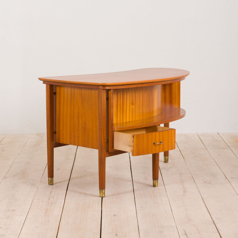 Vintage light mahogany desk with brass handles and feet Italian