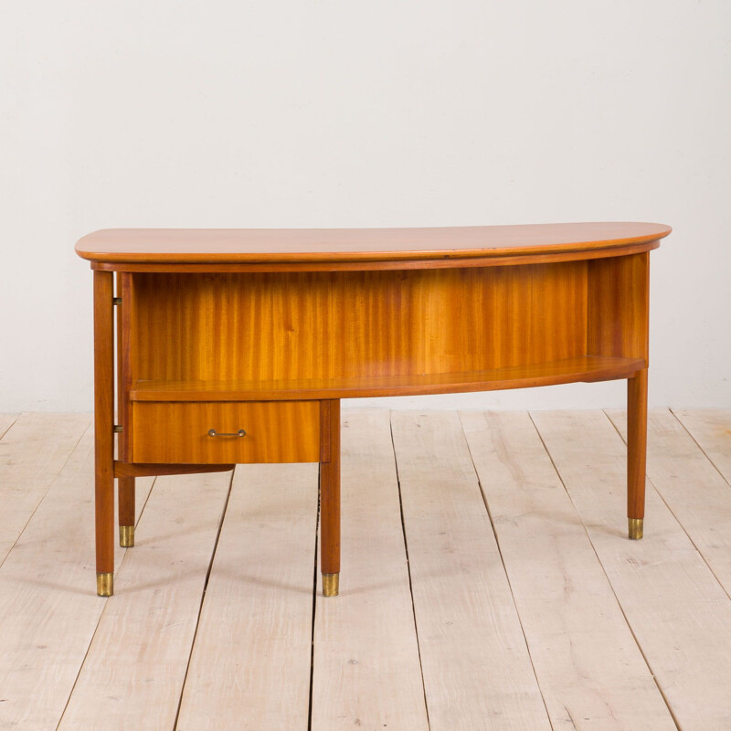 Vintage light mahogany desk with brass handles and feet Italian