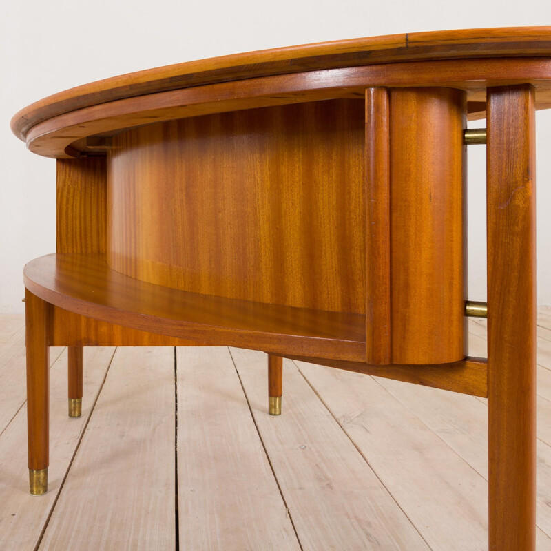 Vintage light mahogany desk with brass handles and feet Italian