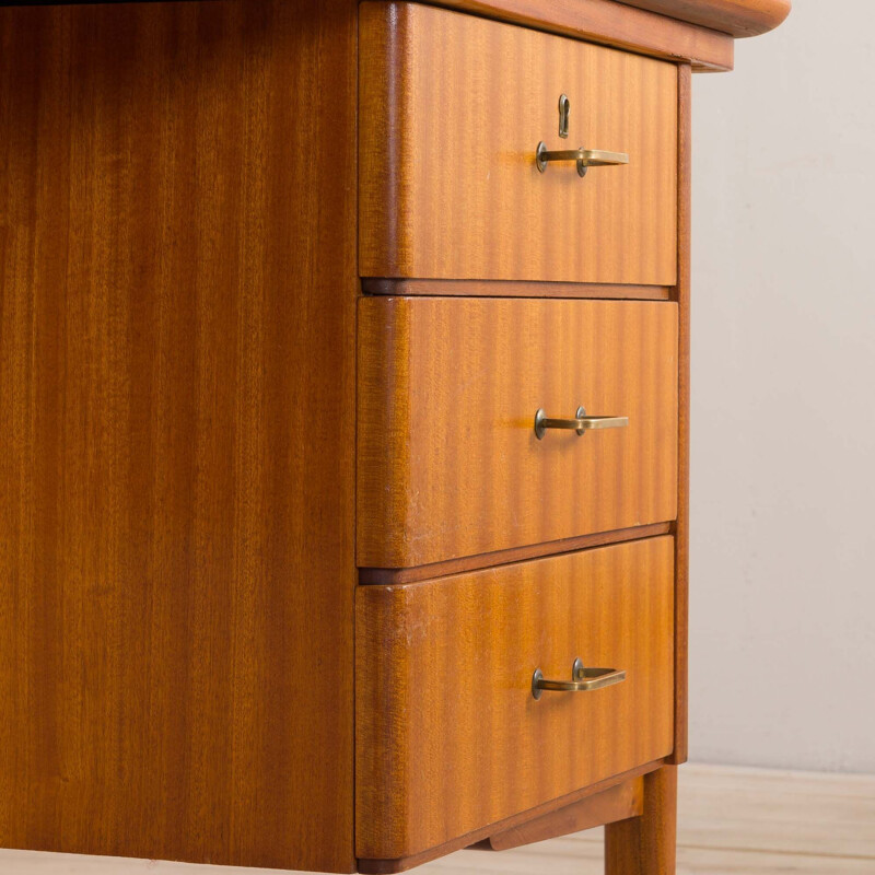 Vintage light mahogany desk with brass handles and feet Italian