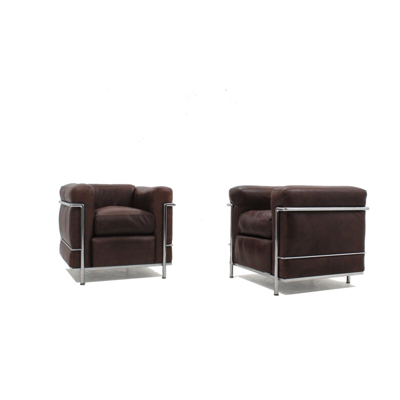 Pair of vintage leather LC2 armchairs by Le Corbusier Cassina 1970s