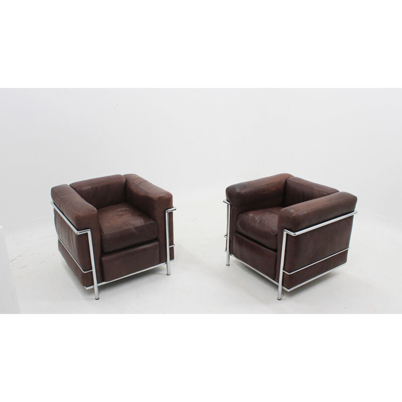 Pair of vintage leather LC2 armchairs by Le Corbusier Cassina 1970s