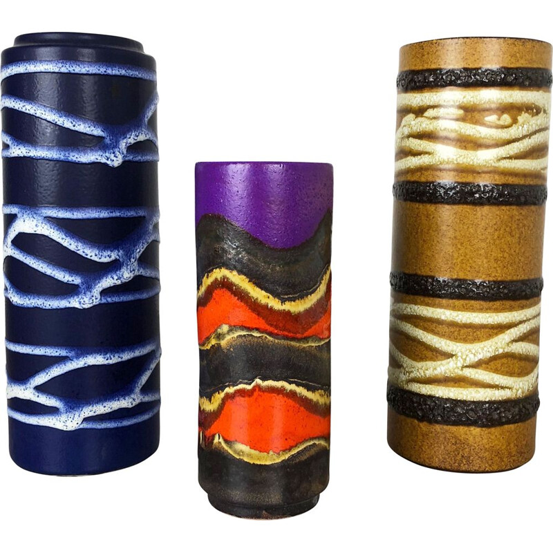 Ensemble de 3 vases vintage en céramique de lave grasse "TUBE" de Scheurich, Allemagne 1970