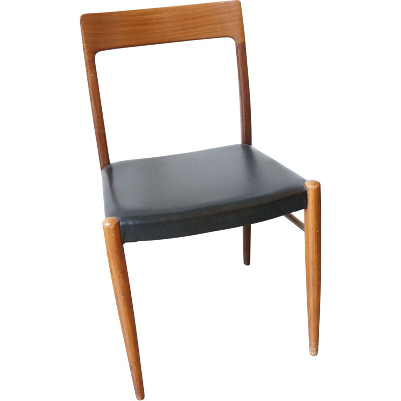 Vintage teak wooden black leatherette dining chair Scandinavian