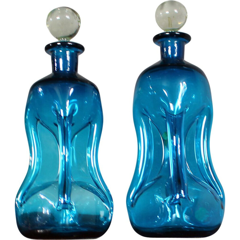 Pair of vintage "kluk kluk kluk" glass carafes by Jacob E. Bang for Holmegaard, Denmark 1950