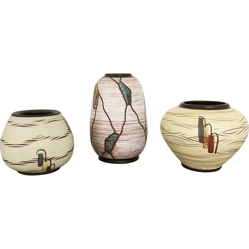 Set di 3 vasi vintage in ceramica di Franz Schwaderlapp per Sawa Ceramic, Germania 1960