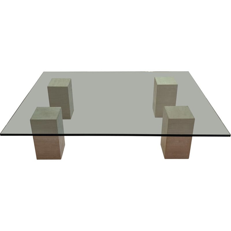 Vintage glass table with travertine legs 1970s