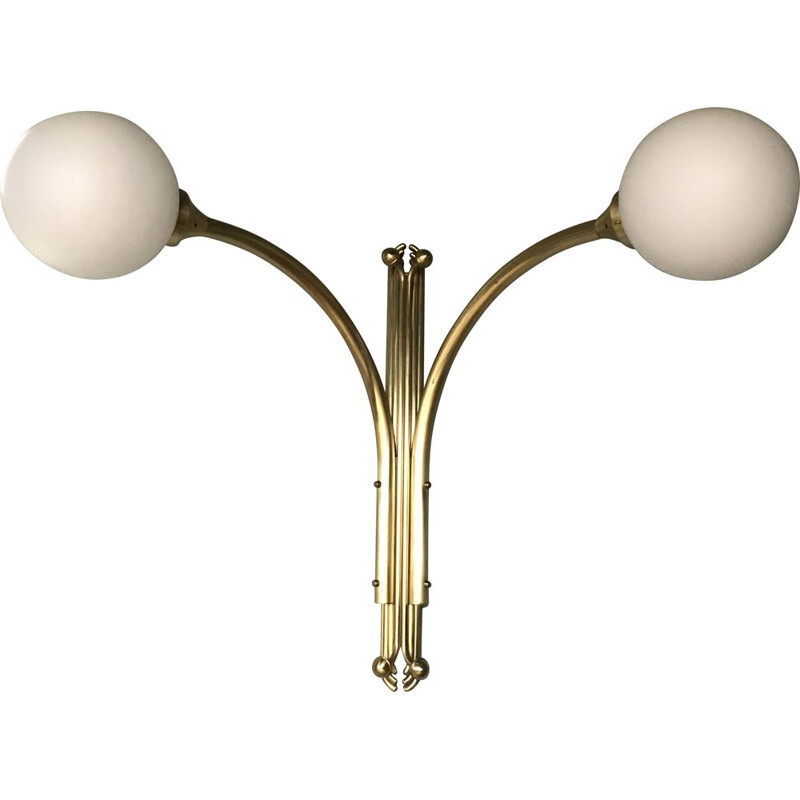 Vintage Art Deco messing wandlamp met glazen bollen