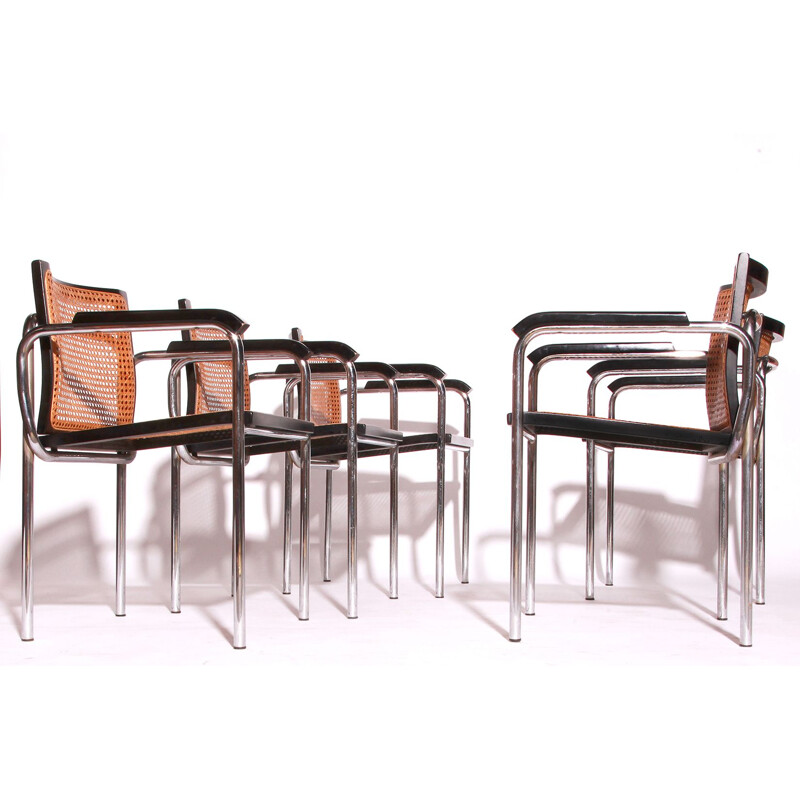 Lot de 5 fauteuils vintage en toile de canne chromée Italie 1970
