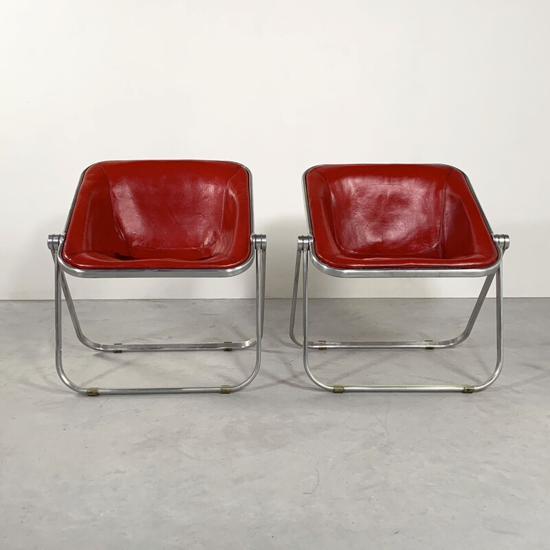 Pair of vintage Red Leather Plona chairs by Giancarlo Piretti for Castelli 1970s