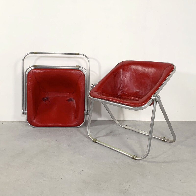 Pair of vintage Red Leather Plona chairs by Giancarlo Piretti for Castelli 1970s