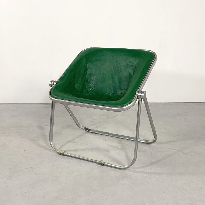 Vintage Green Leather Plona chair by Giancarlo Piretti for Castelli 1970s