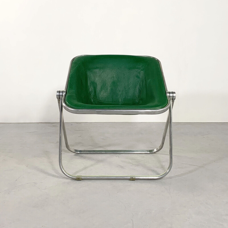 Vintage Green Leather Plona chair by Giancarlo Piretti for Castelli 1970s