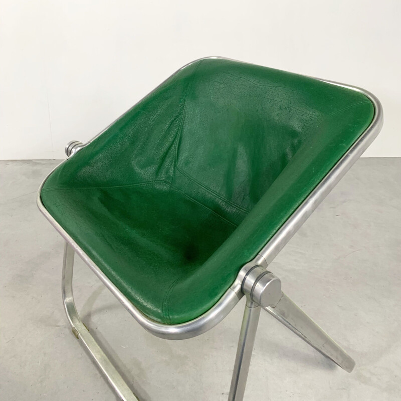 Vintage Green Leather Plona chair by Giancarlo Piretti for Castelli 1970s