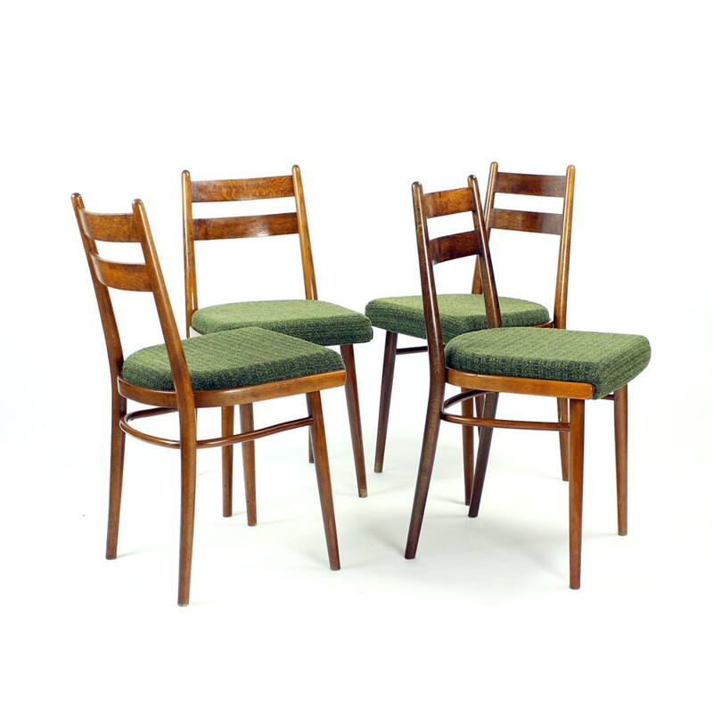 Set of 4 vintage Dining Chairs In Oak & Fabric By Interier Praha Czechoslovakia 1966