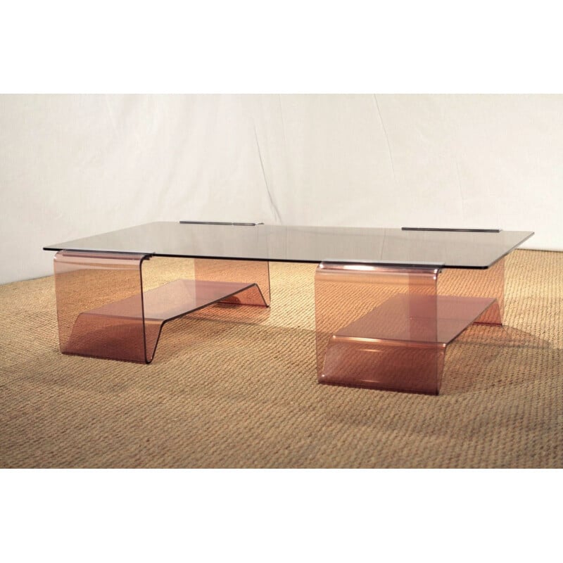 French coffee table in smoked glass and pink altuglass, Michel DUMAS - 1970s