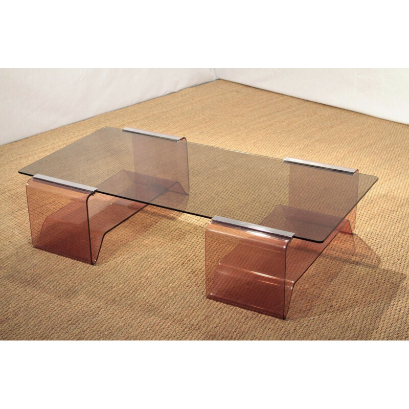 French coffee table in smoked glass and pink altuglass, Michel DUMAS - 1970s
