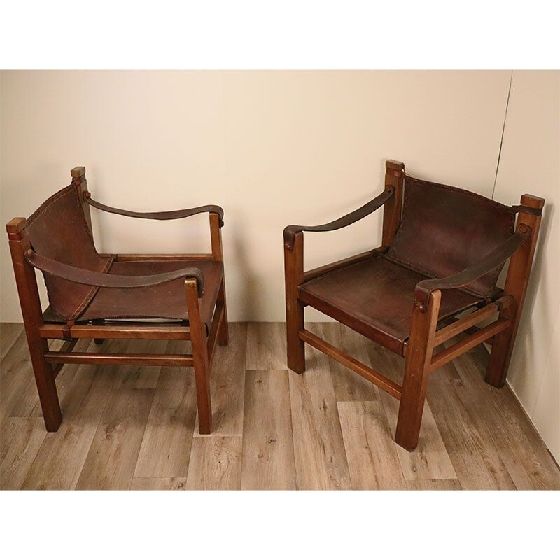 Pair of vintage Safari armchairs 1950s