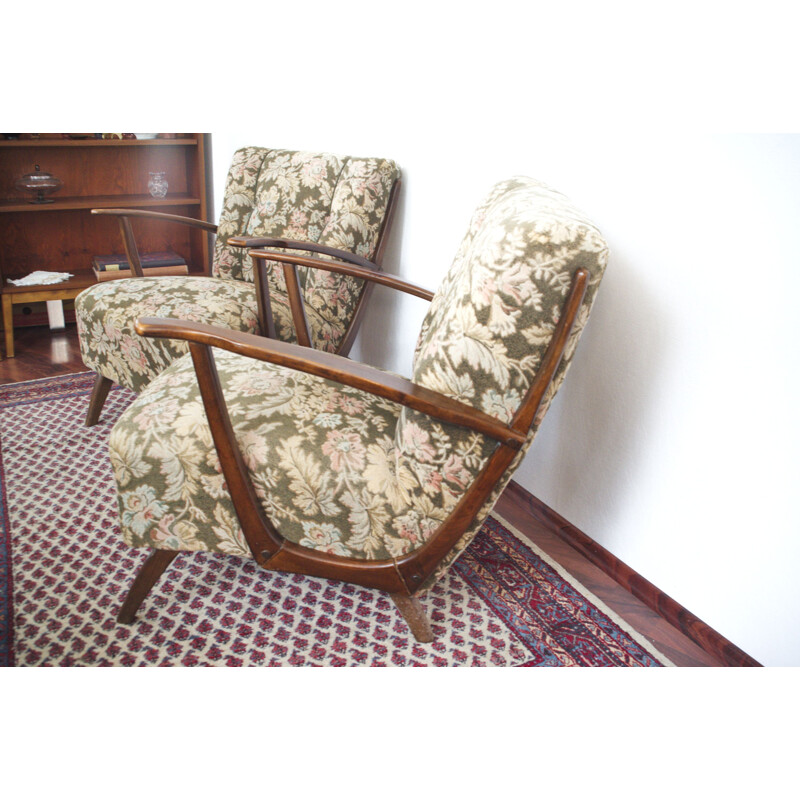 Pair of vintage Art Deco Armchairs with original Cover and wooden Armrests 1930s