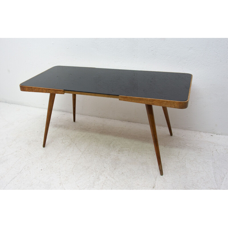 Vintage coffee table in opaque glass and beech wood, Czechoslovakia 1960