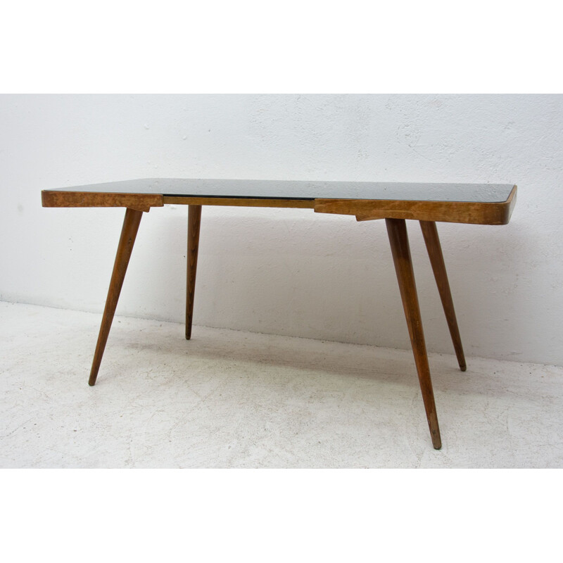 Vintage coffee table in opaque glass and beech wood, Czechoslovakia 1960