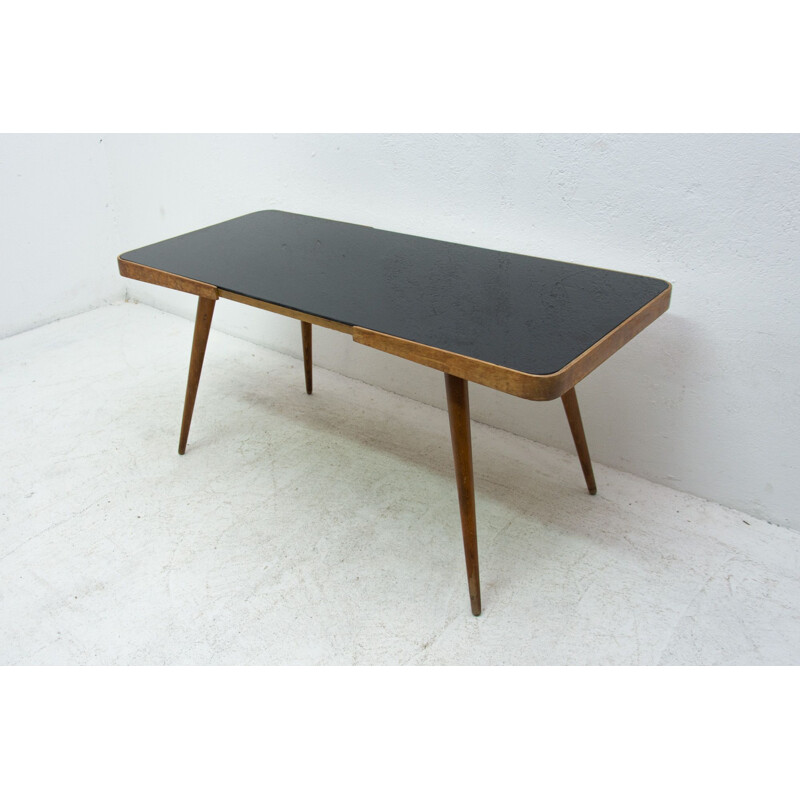 Vintage coffee table in opaque glass and beech wood, Czechoslovakia 1960