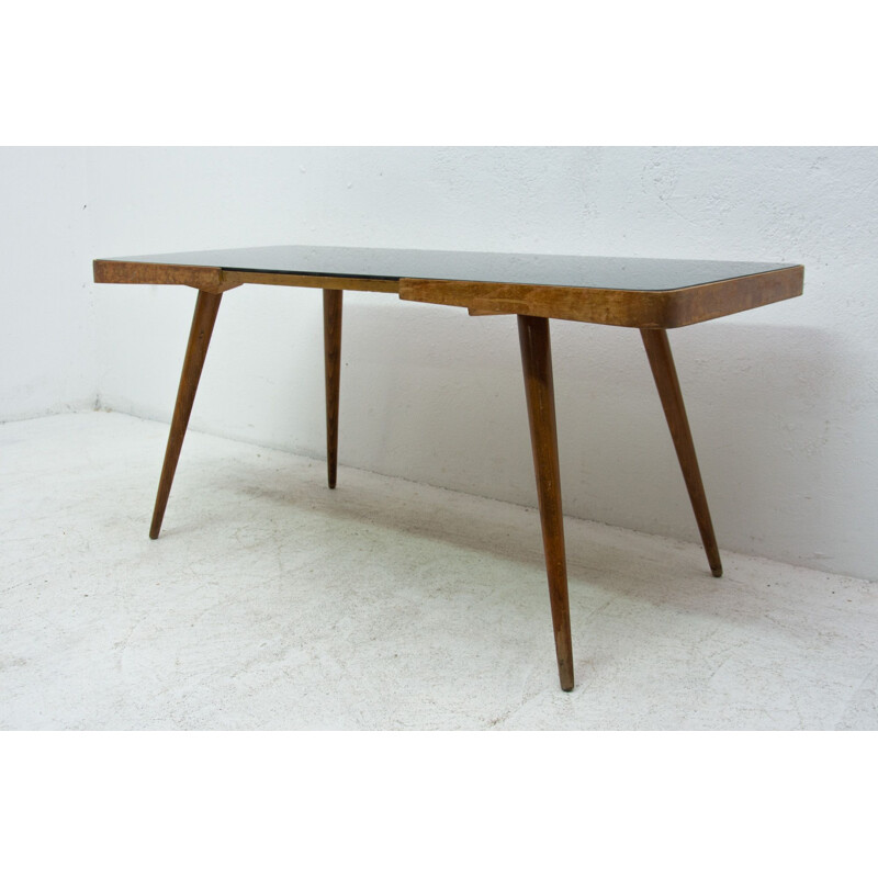 Vintage coffee table in opaque glass and beech wood, Czechoslovakia 1960