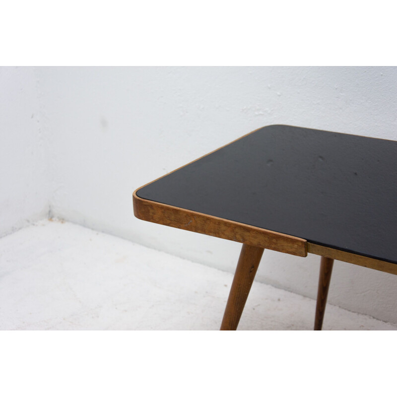 Vintage coffee table in opaque glass and beech wood, Czechoslovakia 1960