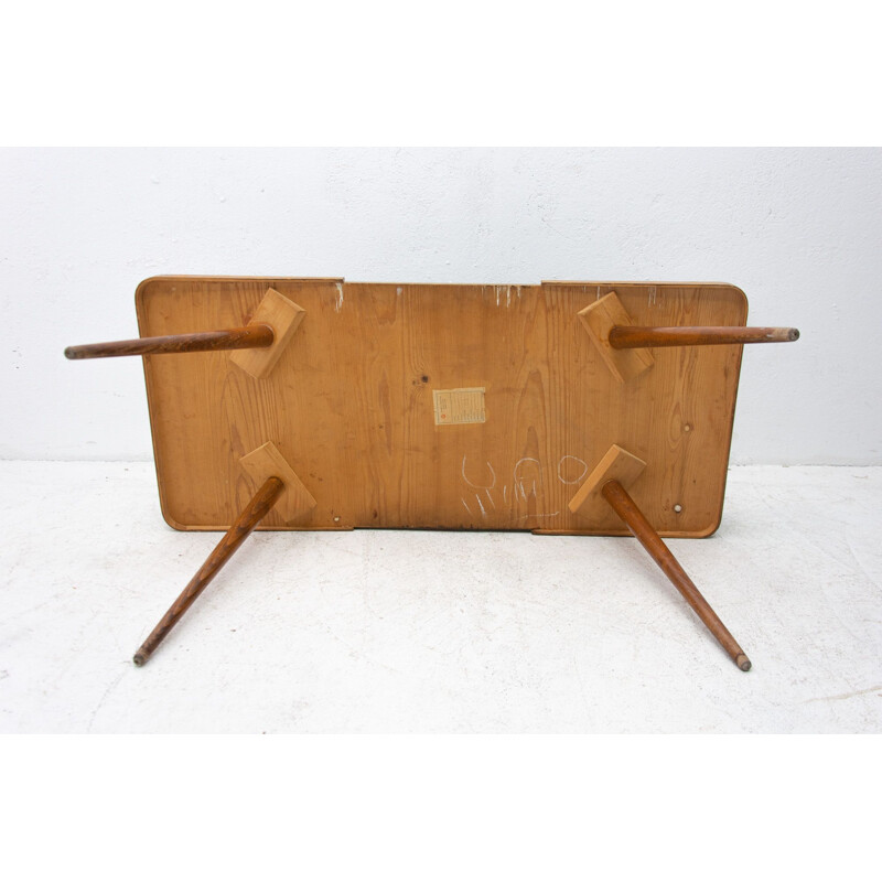 Vintage coffee table in opaque glass and beech wood, Czechoslovakia 1960