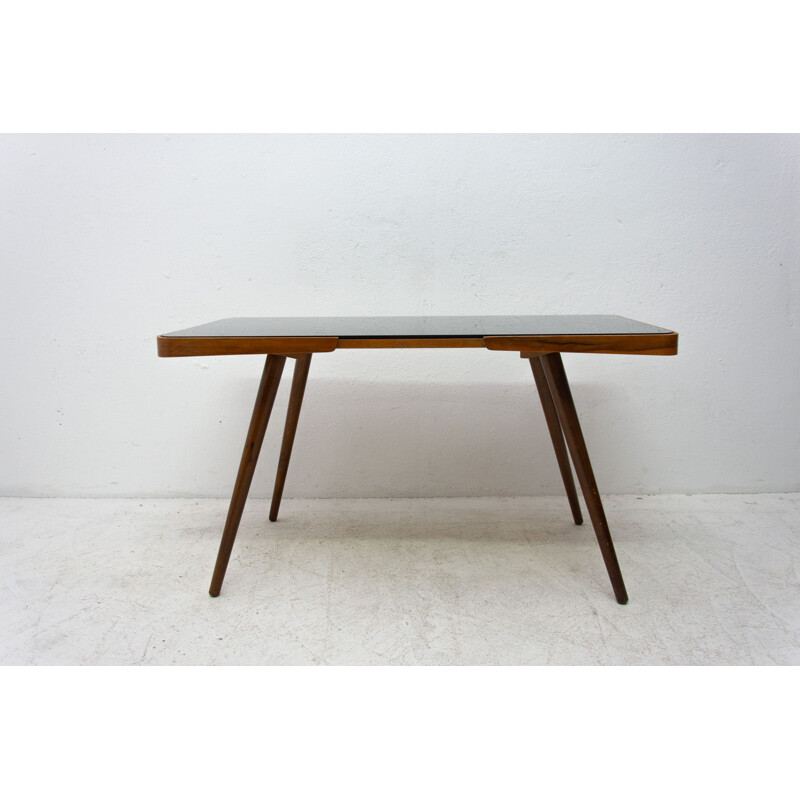Vintage coffee table in opaque glass and beech wood by Interior Praha, Czechoslovakia 1960