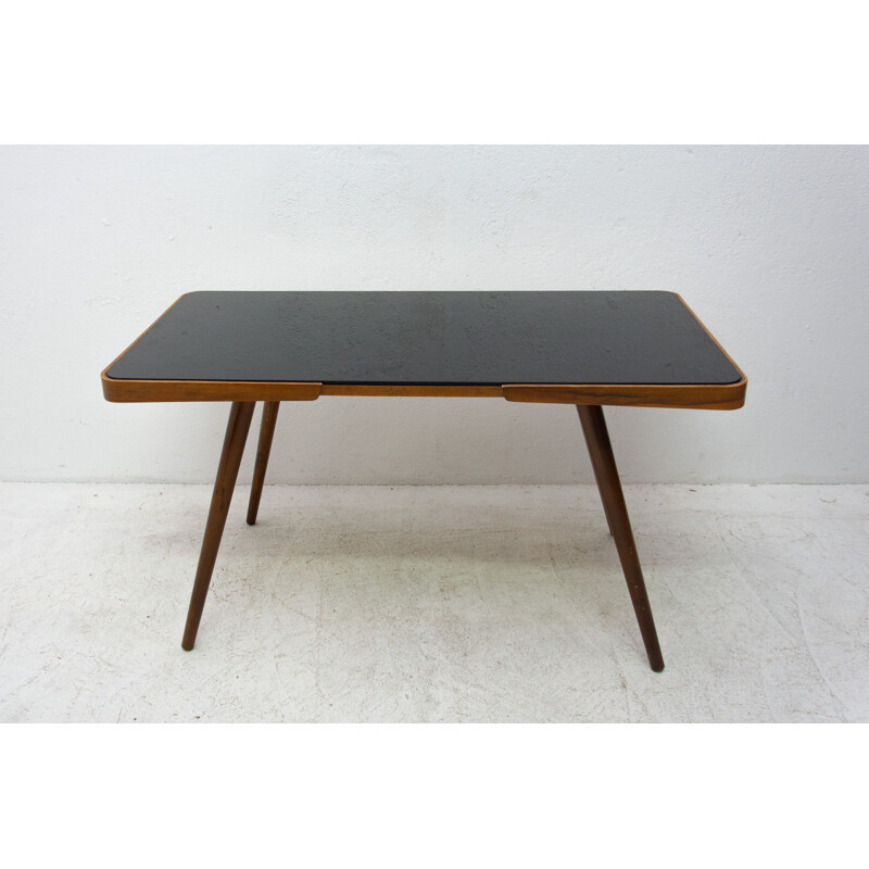 Vintage coffee table in opaque glass and beech wood by Interior Praha, Czechoslovakia 1960