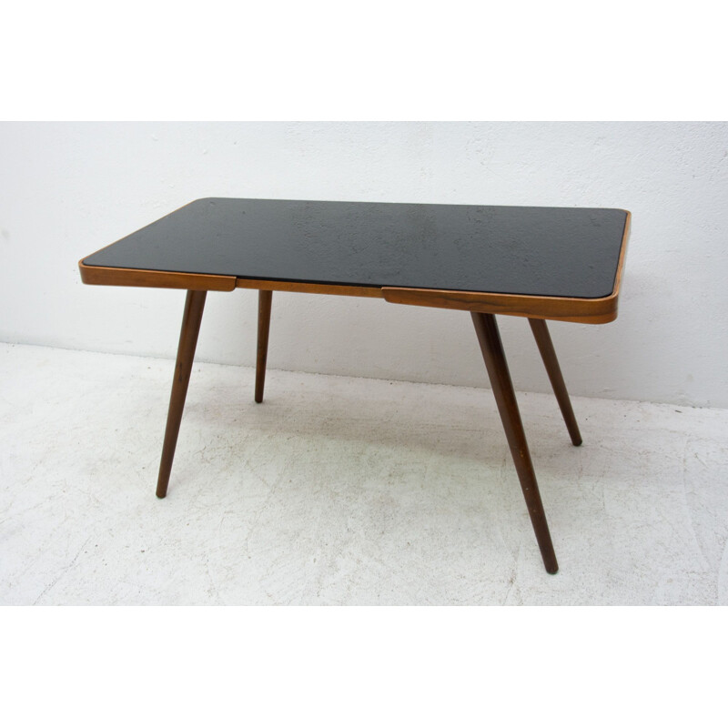 Vintage coffee table in opaque glass and beech wood by Interior Praha, Czechoslovakia 1960